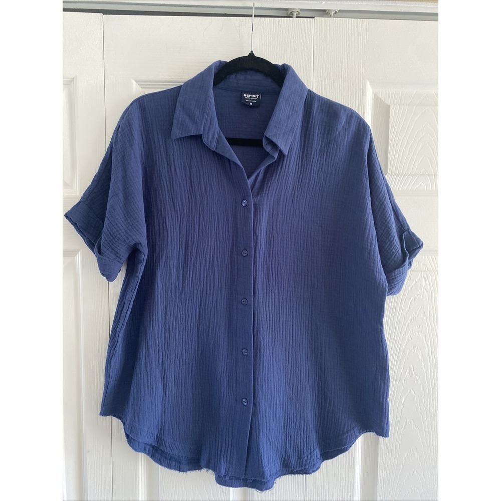 Spirit Gauze Button Down Shirt Womens Size M Blue Short Sleeve Raw Hem Cotton